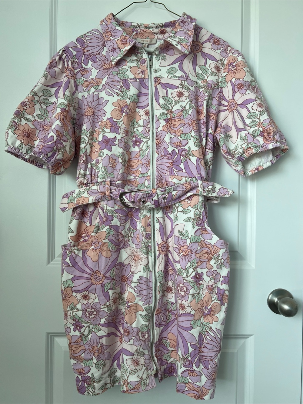 NWT Skies Are Blue Groovy Floral-print Denim Mini Dress Zip Up Front